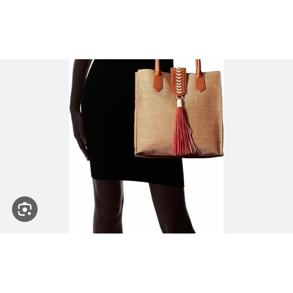 Badgley Mischka Large Straw & Leather Tote Tan / Red Trim - Picture 2 of 3